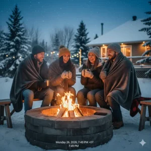 Friends at a backyard fire pit in Quebec using a heavy-duty soft fleece blanket to stay warm.