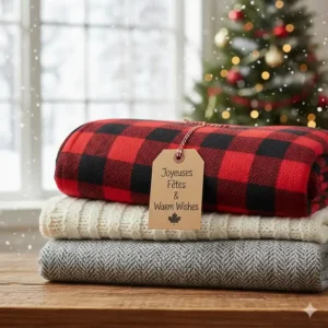 A beautifully folded stack of winter blankets with a gift tag, perfect for holiday gifting in Canada.