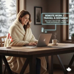 A person working from a home office in Canada wrapped in a plush electric blanket to stay warm without turning up the thermostat.