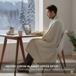 An illustration of a remote worker in Canada staying warm with a grey heated throw blanket while working from home.