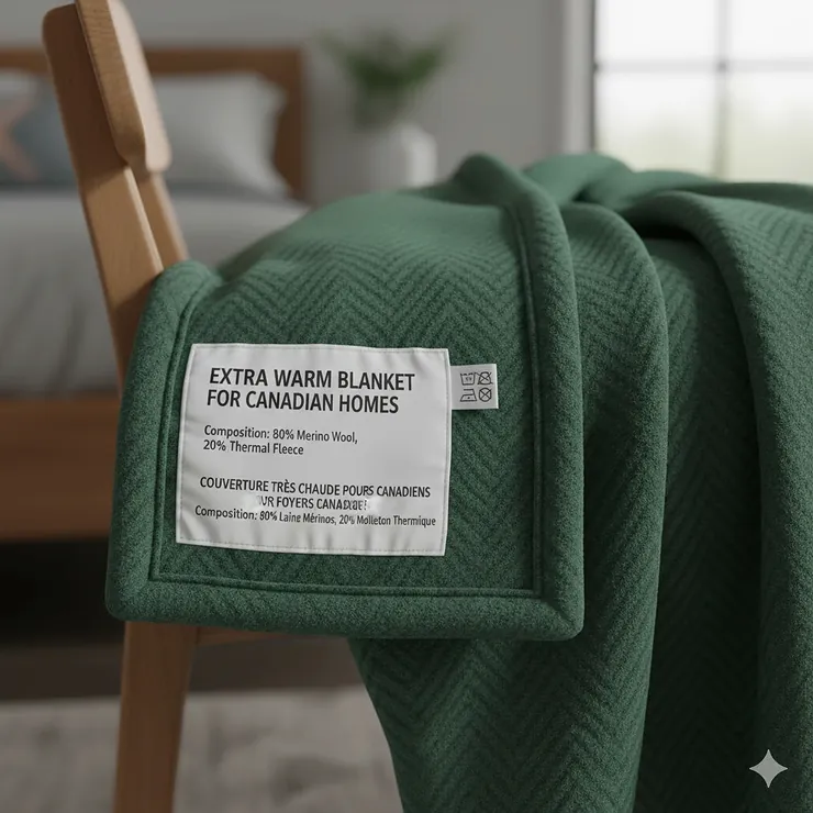 Extra warm blankets for Canadian homes featuring bilingual English and French care labels (couvertures chaudes).