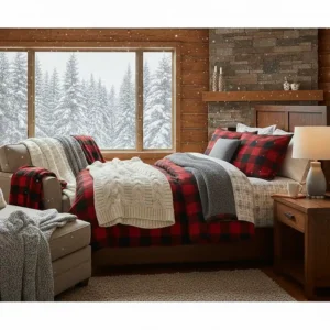 A master bedroom styled with layered winter blankets and flannel sheets for a typical Canadian winter night.