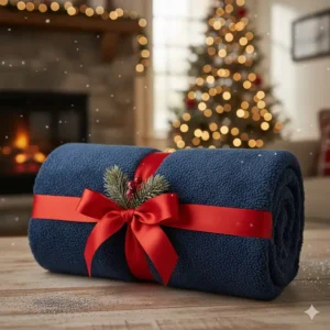 A rolled-up navy blue sherpa fleece throw tied with a festive ribbon, ideal for holiday gifting in Canada.