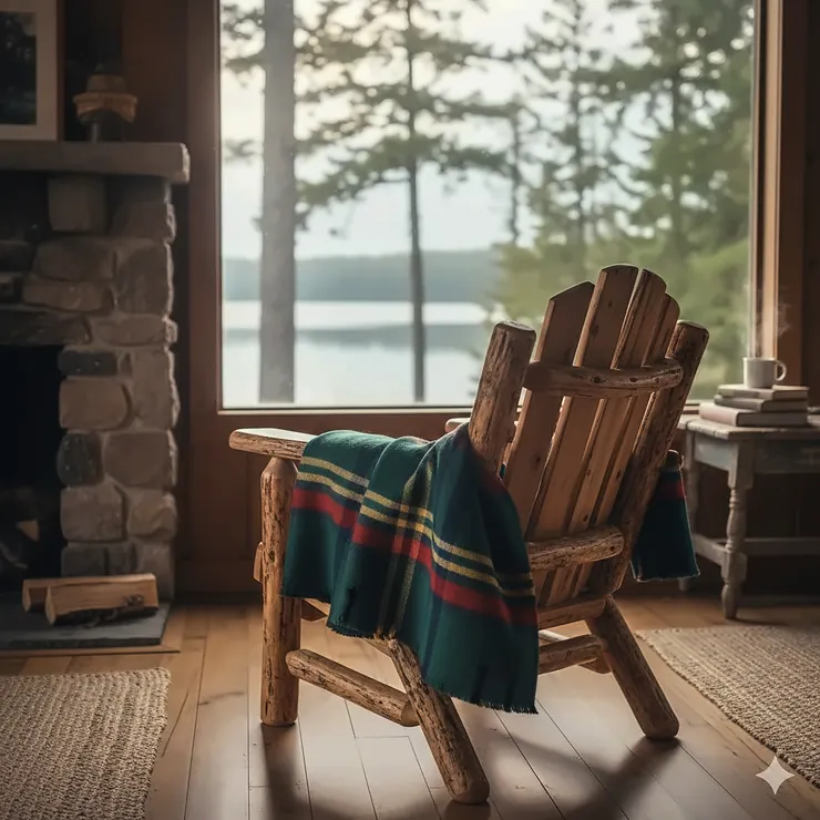 A classic multi-stripe Hudson's Bay Point Blanket draped over a wooden chair in a rustic Ontario lakeside cottage.