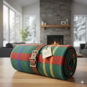 A rolled Hudson's Bay blanket tied with a leather strap, perfect for a traditional Canadian housewarming gift.