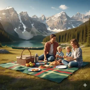 A family picnic in the Canadian Rockies with a durable Hudson's Bay wool blanket spread on the grass.