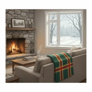 A cozy living room in Montreal featuring a Hudson's Bay blanket on a sofa next to a stone fireplace.