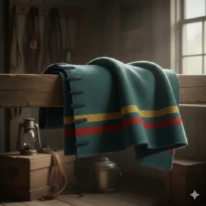 Illustration of the traditional wool weave and indigo "points" on a 4-point Hudson's Bay blanket.