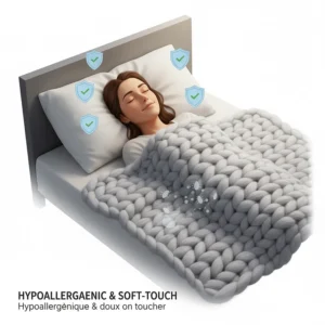 A gentle illustration of a person sleeping soundly with a merino wool blanket, emphasizing its hypoallergenic and soft-to-touch qualities.