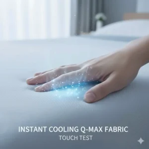 Close-up illustration of a hand touching the specialized Q-Max fabric of a cooling blanket.