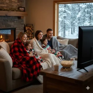 A Canadian family enjoying a movie night wrapped in soft, oversized winter blankets.