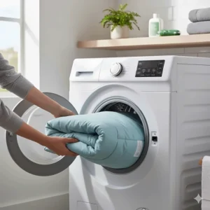 Simple graphic showing a cooling weighted blanket being placed in a washing machine for easy care.