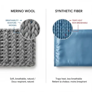 A side-by-side comparison illustration showing the breathability of a natural merino wool blanket versus synthetic polyester materials.