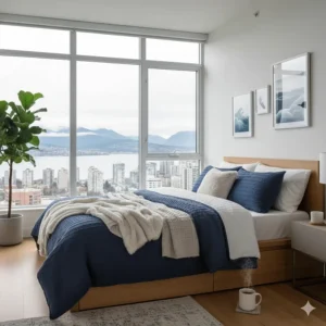 A modern Vancouver apartment bedroom styled with breathable yet extra warm blankets for damp, chilly coastal winters.