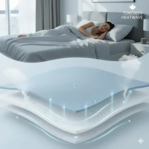 Technical diagram showing moisture-wicking fabric pulling sweat away from a sleeper during a Toronto heatwave.