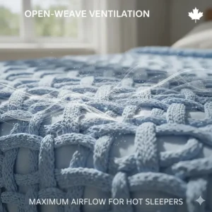 Close-up illustration of an open-weave knit blanket maximizing ventilation for hot sleepers.