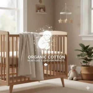 A soft, neutral-toned organic cotton blanket illustrated in a nursery setting, emphasizing non-toxic materials for infants.