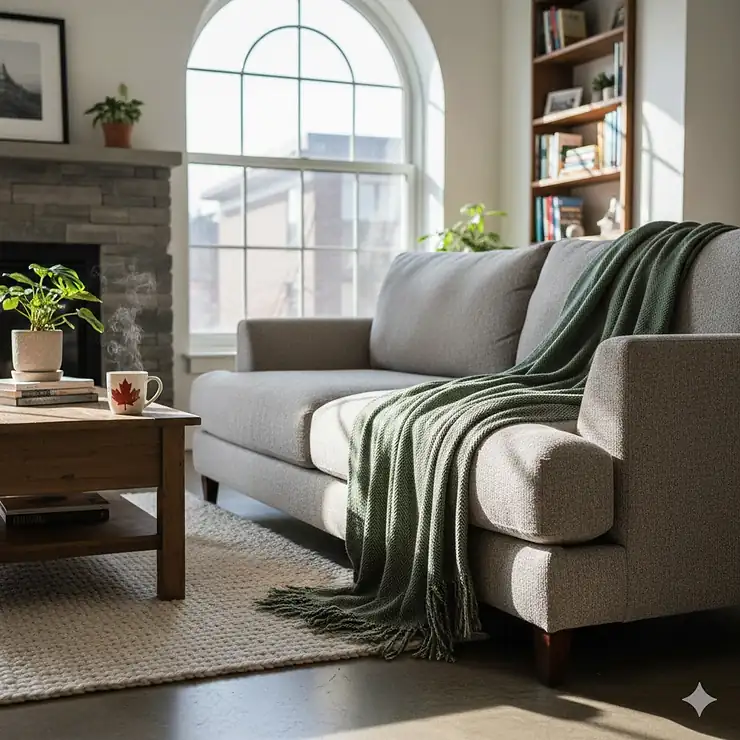 A cozy living room in Toronto featuring a premium organic cotton blanket draped over a sofa, perfect for year-round Canadian comfort.