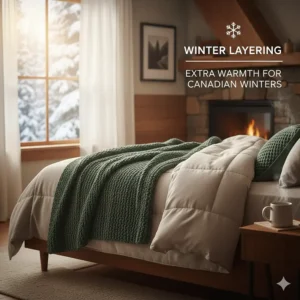 A cozy bedroom setup showing an organic cotton blanket layered with a duvet for extra warmth during Canadian winters.