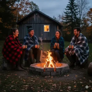 Friends gathered around a cottage fire pit wrapped in waterproof outdoor blankets for warmth.