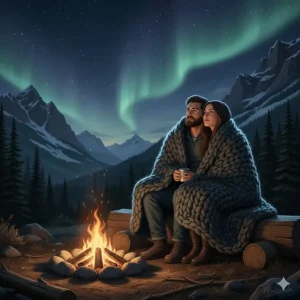 An illustration of a campfire scene in the Canadian Rockies with a durable merino wool blanket used for extra warmth while stargazing.