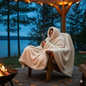 Using a heavy sherpa fleece throw for extra warmth on a Canadian patio during a crisp autumn evening.