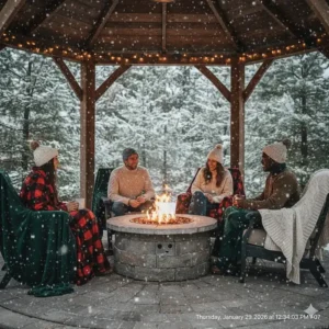 Illustration of an insulated winter blanket used on a Canadian patio near a fire pit during a snowy evening.