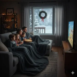 A Canadian family sharing a large, extra warm faux-fur blanket on the sofa during a cold winter evening.