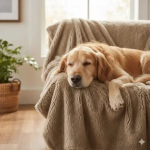 A Golden Retriever sleeping comfortably on a durable, machine-washable faux fur throw blanket.