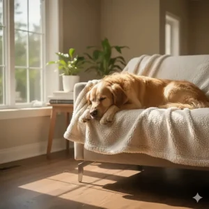 A dog sleeping comfortably on a durable, machine-washable sherpa fleece throw in a sunlit Canadian home.