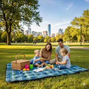 A family enjoying a picnic on a waterproof outdoor blanket at a local Canadian city park.