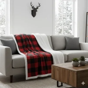 A classic red and black plaid sherpa fleece throw adding a rustic Canadian touch to a modern living room sofa.