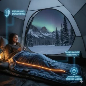 Illustration of a battery-powered electric blanket being used inside a tent for a chilly Canadian Rockies camping trip.