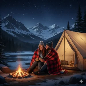 A person using a battery powered heated blanket while sitting around a winter campfire in an Ontario provincial park.