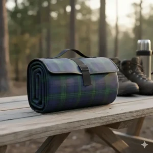 Close-up of a folded waterproof outdoor blanket with a carry handle, showing its compact size for travel.