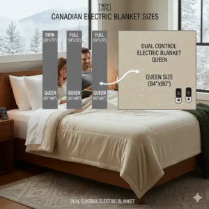 Size chart comparing a queen dual control electric blanket to standard Canadian mattress sizes.
