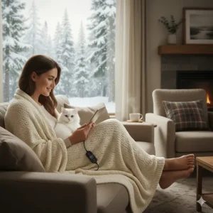 A modern rechargeable battery powered heated blanket used on a snowy patio in Quebec City during the winter season.