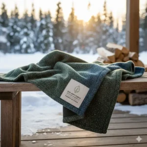 An eco-friendly soft fleece blanket made from recycled materials, perfect for the environmentally conscious Canadian consumer.