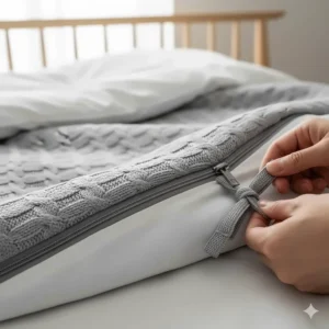 Close-up illustration of the interior ties and reinforced zipper of a durable washable weighted blanket cover.