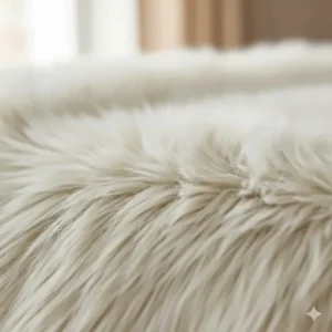 Close-up of the plush, high-pile texture of a faux fur throw blanket in cream white.