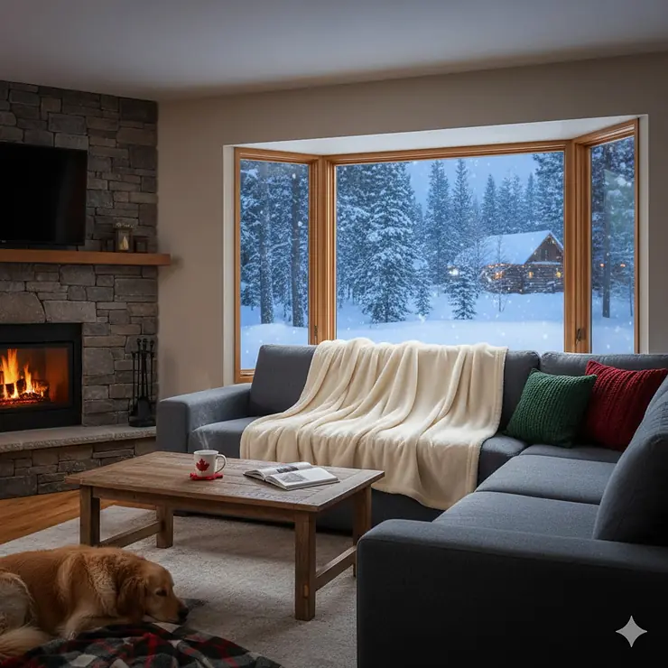 A thick, soft fleece blanket draped over a modern sofa in a cozy Canadian home with a snowy pine forest visible through the window.