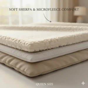 Detailed illustration of the soft sherpa and fleece layers of a queen size electric blanket.