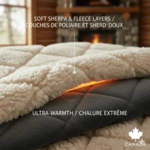 Close-up illustration of the soft sherpa and fleece layers of a premium electric blanket designed for extreme Canadian cold.
