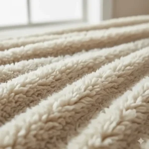 Close-up of the soft, high-pile wool-like texture of a premium sherpa fleece throw for maximum insulation.