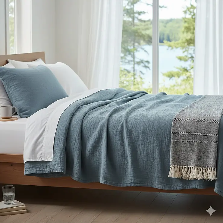 A breathable cotton summer blanket layered on a bed in a bright Canadian bedroom, ideal for hot sleepers during humid Ontario or Quebec summers. summer blankets for hot sleepers