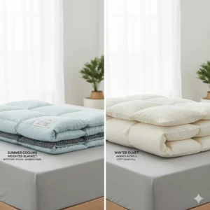 Comparison showing the thin, breathable layers of a cooling weighted blanket versus a heavy winter duvet.