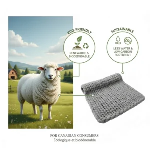 A stylized illustration of a merino sheep in a pasture, highlighting the eco-friendly and biodegradable benefits of wool for Canadian consumers.