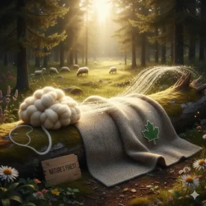 Natural, raw sheep wool transforming into a woven camping blanket in a sunlit Canadian forest to show sustainable gear.