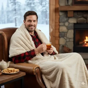 A person in a flannel shirt sipping maple tea while wrapped in a warm faux fur throw blanket.