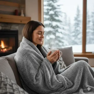 A person holding a steaming mug of tea, wrapped in a grey sherpa fleece throw to stay warm during a Canadian winter.